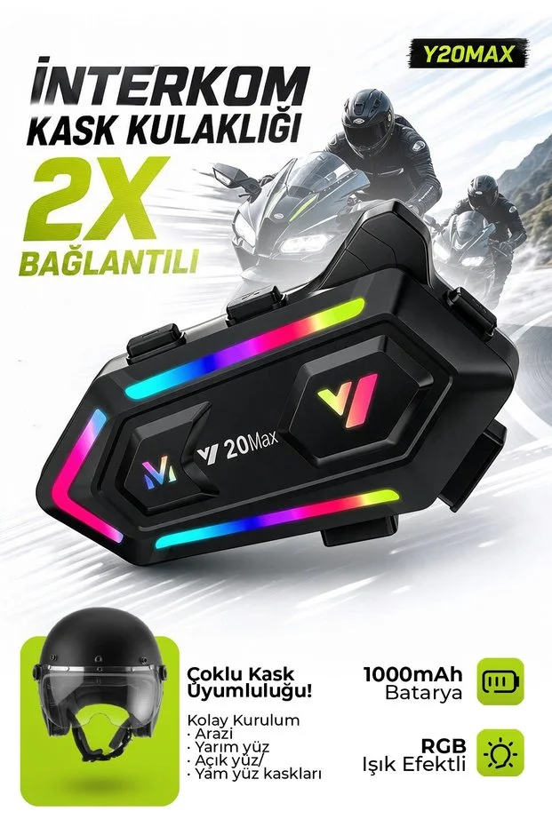  Y20MAX Bluetooth 6.0 Motosiklet Kask Kulaklığı – Çiftli İnterkom, 300 Metre Menzil, 25 Saat Kon